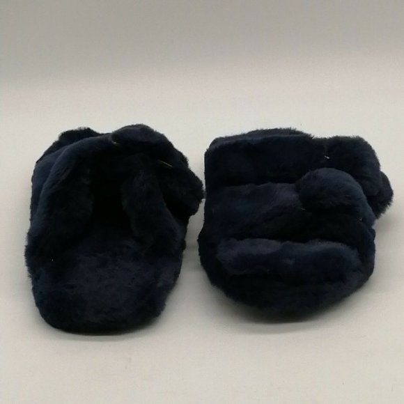 Loft Womens Flat Heel Slide Slipper Cushioned Faux Fur Navy Blue Sz S 5-6 - Picture 3 of 9